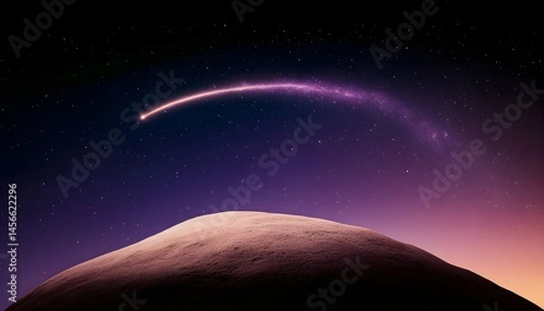 Fototapeta A vibrant comet streaks across a twilight sky, arcing over a softly lit hill.  The scene is serene and mysterious