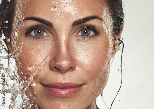 Fototapeta Water splashes are used by the spa woman to hydrate and beautify her skin as part of a skincare routine focused on fresh facial beauty and wellness
