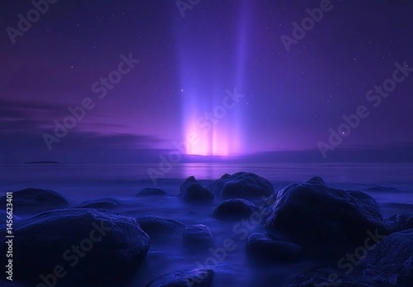 Fototapeta Beautiful aurora light display over the sea with rocks on the winter Lofoten Islands, Norway landscape. Northern lights in the sky during nighttime. Landscape concept. Blue and purple colors.