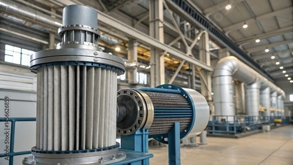 Fototapeta Industrial Filter System Close-up Composition, Cylindrical Filters, Factory Setting, industrial filtration, manufacturing equipment industrial filter, factory equipment