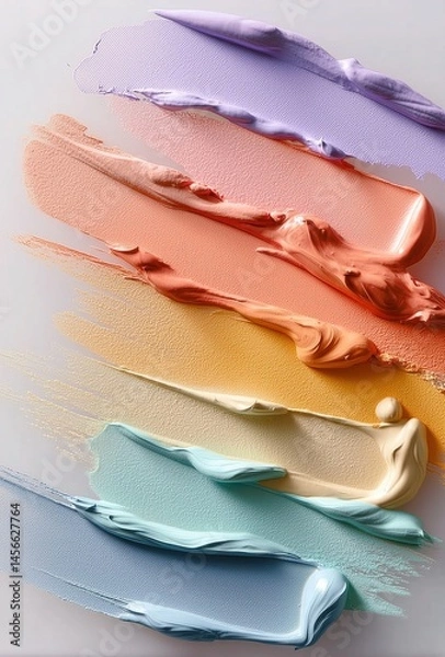 Fototapeta Colorful paint strokes in purple, orange, yellow, and blue on a light background, showcasing texture and abstract art. Ideal for creative design and artistic inspiration.