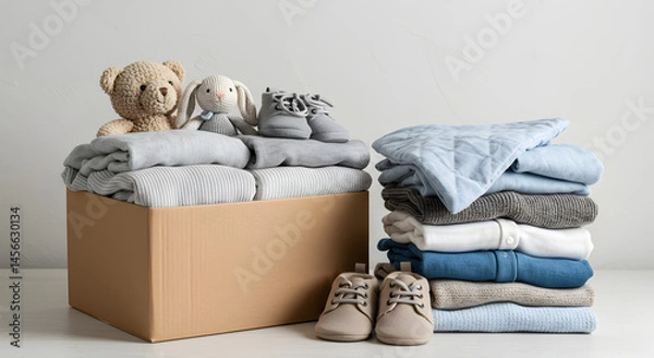 Fototapeta Donation Box Overflowing with Baby Clothes Stuffed Animals and Shoes on White Tabletop