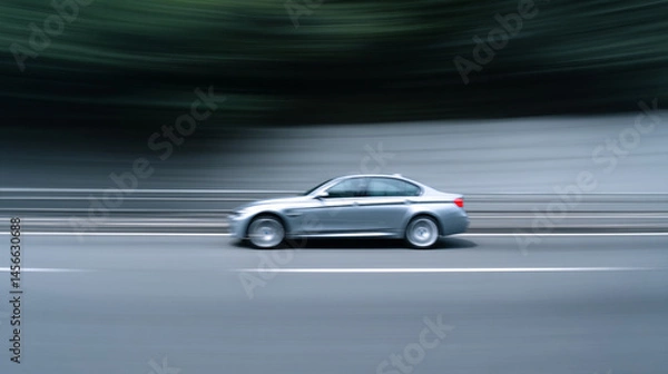 Fototapeta Silver sedan car in motion creates dynamic blur effect on asphalt road, conveying speed and energy with modern urban background and smooth lines