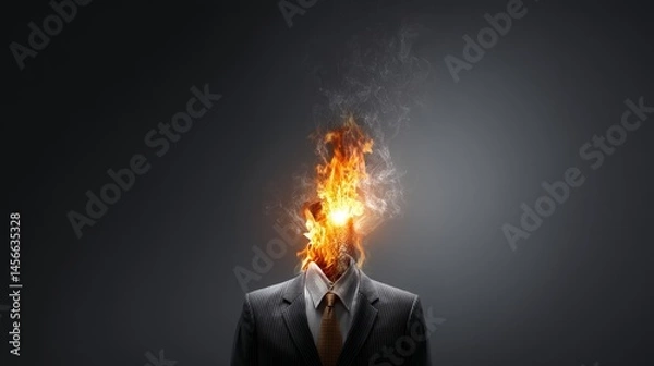 Fototapeta The surreal image features a suited man whose head is ablaze with a fiery explosion, symbolizing the depth of his emotions or the intensity of his thoughts