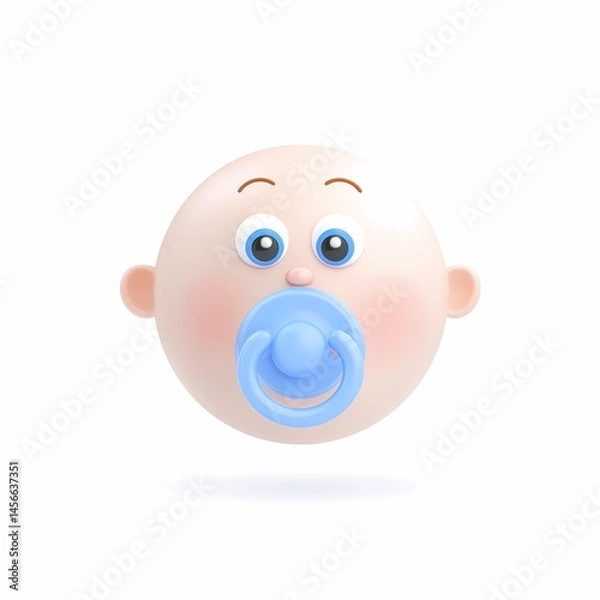 Fototapeta Cartoon simple 3d, round baby with pacifier face icon . On a white background