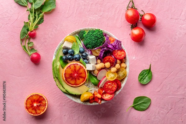 Fototapeta Buddha Bowl. Rainbow salad. Vegan poke bowl with avocado. Healthy food. Overhead flat lay shot with ingredients on a pink table