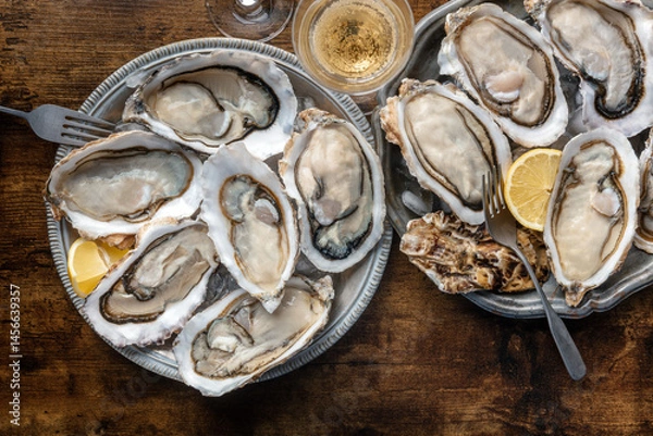 Fototapeta Fresh raw oysters on ice, two platters, shot from the top, with champagne and lemon slices, on a rustic wooden table