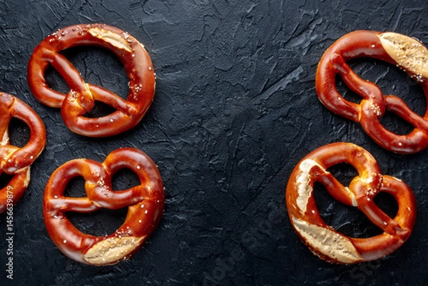 Fototapeta Pretzel or Bretzel, traditional German beer snack, overhead flat lay shot on a black background with copy space, menu banner design