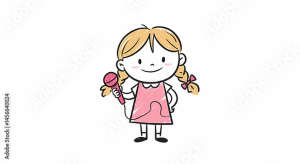Obraz Girl with toy microphone smiling in colorful childlike sketch  