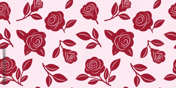 Obraz seamless pattern with red roses and leaves, vector illustration on pink background, design for wrapping paper, textile, banner, wallpaper, backdrop,print