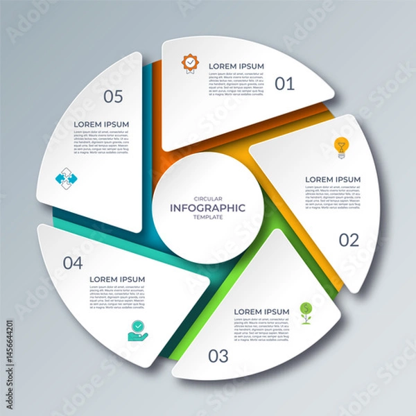Obraz Infographic cycle diagram with 5 steps. Vector circular template that can be used for reports, business analytics, marketing materials, visualizing data, brochures, presentations.