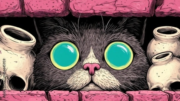 Fototapeta Surreal cat with large turquoise eyes peeking through a pink brick wall, surrounded by skulls and vases. Vibrant fantasy illustration with bold colors and unique style.