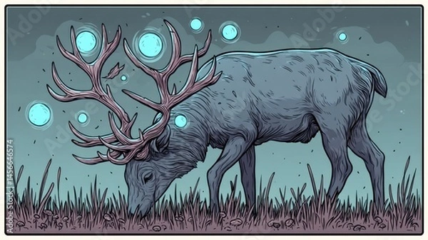 Fototapeta Mystical deer with large antlers grazing at night surrounded by glowing orbs in a fantasy landscape. Enchanted forest scene with magical atmosphere.