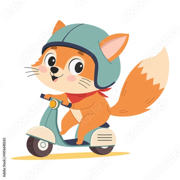 Obraz Cute little fox in helmet riding a scooter. Happy character on a scooter. Vector children's illustration on white background.