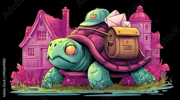 Fototapeta Cute turtle with a mailbag and letters on its shell, wearing a cap, standing in front of colorful houses, cartoon style, black background.