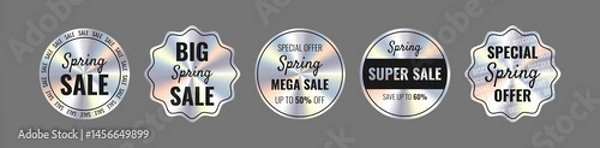 Fototapeta Tags and stickers with holographic effect: Spring Sale, Super Sale, Special Spring Offer, Up to 50-60% Off. Hologram various geometric shapes.