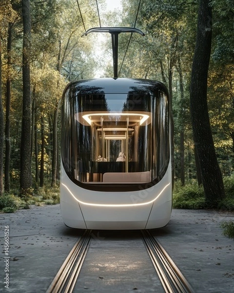 Fototapeta Modern futuristic tram car travels through forest setting low angle view public transportation innovation