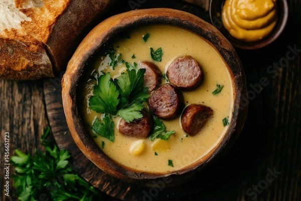 Obraz Traditional Polish zurek soup in rustic bread bowl, creamy sour rye broth with sausage and potatoes, garnished with parsley