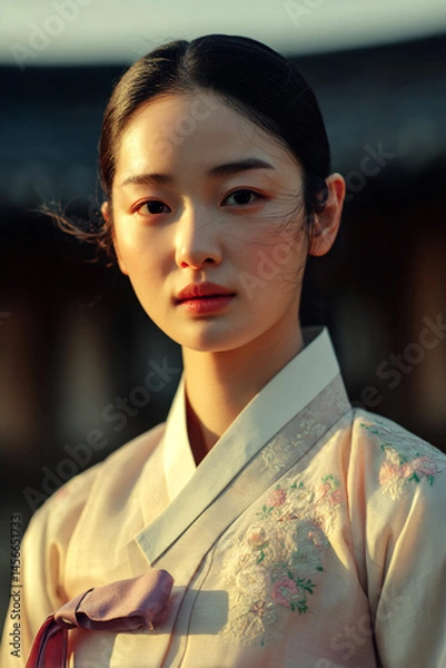 Fototapeta Close-up of a Young Woman in Hanbok with Gentle Lighting(Generative AI)