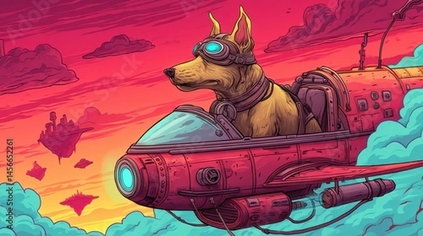 Fototapeta Dog pilot in goggles flying a red spaceship through colorful clouds at sunset, futuristic fantasy scene, vibrant sky, adventure, sci-fi illustration.