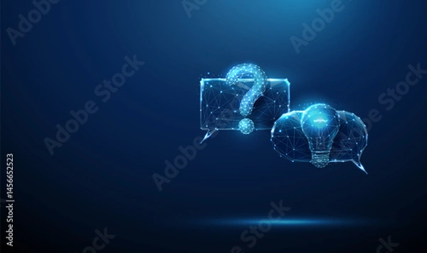 Obraz Blue futuristic chat bubbles with question mark and light bulb AI-driven conversation, idea generation, smart problem-solving
