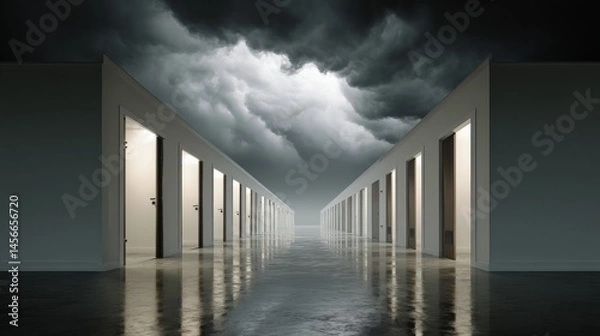 Fototapeta An ethereal gaze upon a boundless corridor accompanied by open doors, producing a captivating ambiance, perfectly suited for investigating themes of election, possibility, and personal reflection