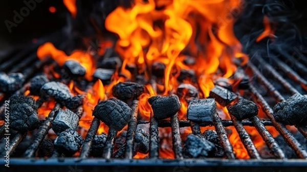 Fototapeta Fiery Charcoal Briquettes on a Hot Grill