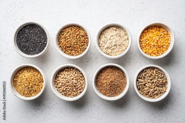 Fototapeta Eight bowls with various grains and seeds arranged neatly on a speckled white surface.
