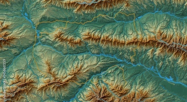 Fototapeta Topographic map of mountain landscape with rivers