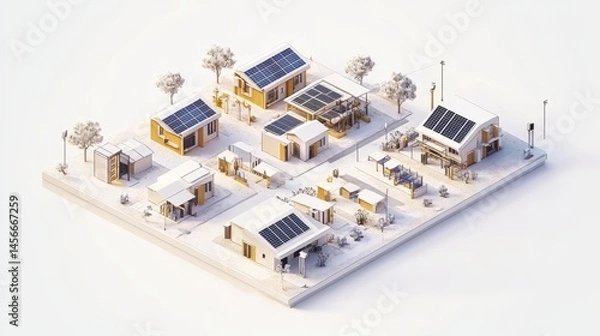 Fototapeta High-detail 3D visualization of a decentralized solar microgrid connecting rural homes - realistic isometric layout, solar panels, underground cables, smart meters, white background