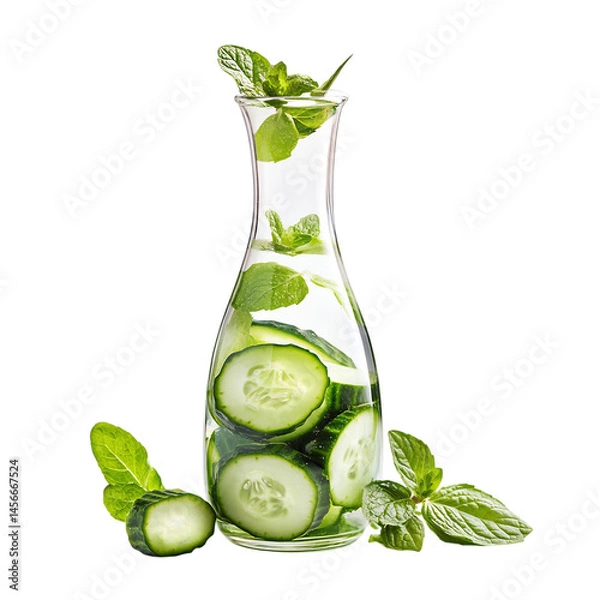 Fototapeta Cucumber Basil and Mint in a Glass Carafe Isolated on Transparent Background