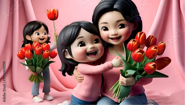 Obraz Mother and Daughters with Flowers