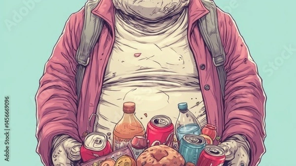 Fototapeta Obese person holding junk food and sugary drinks, wearing a pink jacket, symbolizing unhealthy eating habits and obesity, cartoon style on a light background.