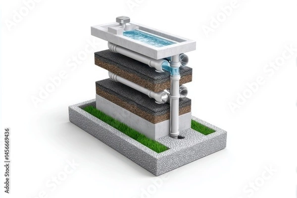 Fototapeta High-detail 3D visualization of a greywater recycling unit showing filtration layers and redirected plumbing paths. White background.