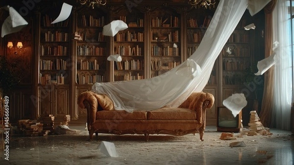 Fototapeta A whirlwind of chaos has erupted in the living room, sending books, papers, and antiquated televisions flying through the air, generating a fantastical and lively visual representation