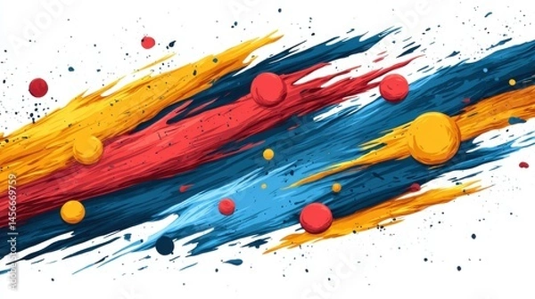 Fototapeta Bold colorful brushstrokes with vivid red, yellow, and blue paint splashes and round shapes on a white background. Dynamic abstract art.