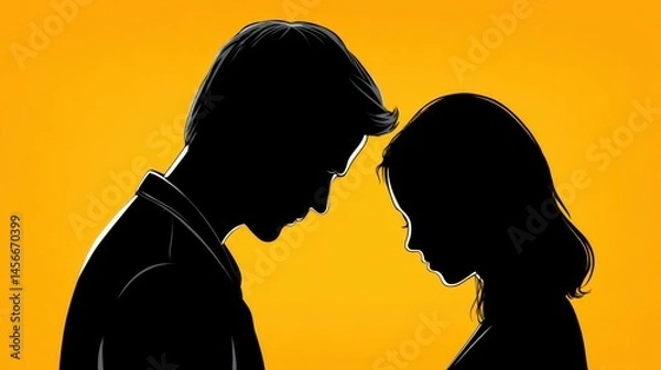 Obraz Silhouette of a man and woman facing each other with bowed heads on a bright orange background, symbolizing emotional distance or relationship issues.