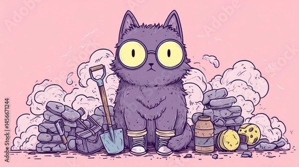 Obraz Cute cartoon cat archaeologist with big glasses and boots standing among ancient ruins, surrounded by artifacts, shovel, and dust clouds on a pink background.