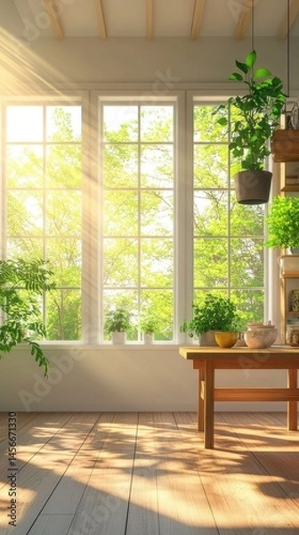 Fototapeta Bright sunlit interior with plants near window, wooden table, shelf, and hardwood floor in a cozy home, daytime