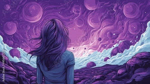 Obraz A person with long hair stands on rocky terrain, gazing at a surreal purple cosmic sky filled with swirling planets and clouds.