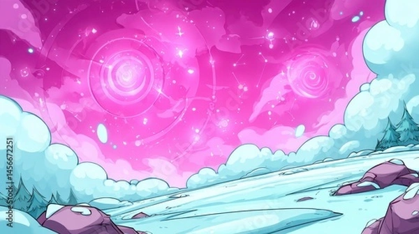 Obraz Surreal snowy landscape with blue clouds, rocks, pine trees, and a vibrant pink sky filled with glowing spirals, stars, and constellations.
