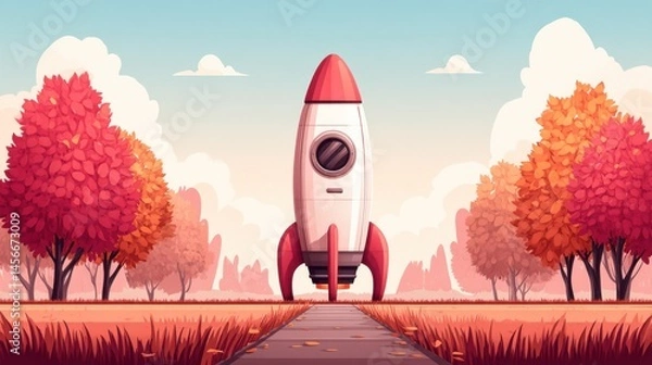 Fototapeta Colorful rocket stands on a path surrounded by autumn trees under a clear sky. Vibrant and whimsical scene, perfect for creative and startup concepts.
