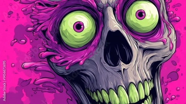 Obraz Creepy vibrant skull with bulging green eyes and melting pink details on a bright background.
