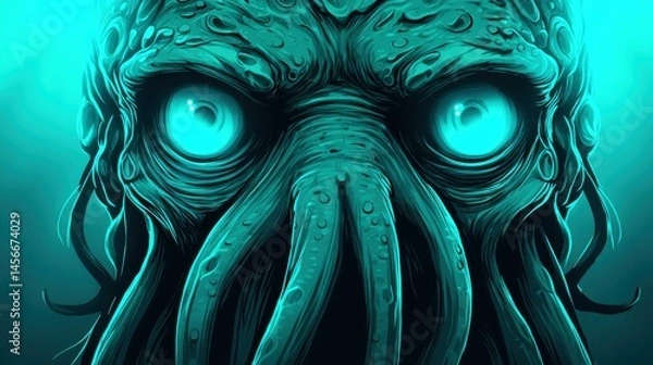Obraz Grotesque deep sea monster with glowing eyes and tentacles, horror underwater creature in blue tones, close-up view.