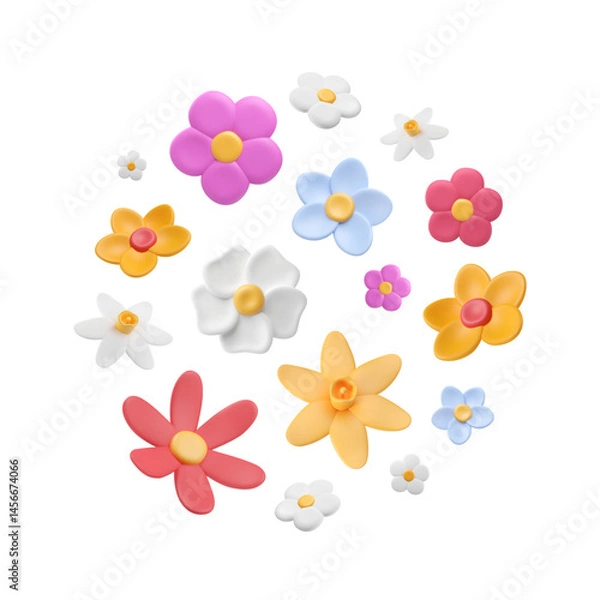 Obraz Pattern with 3d multicolored flowers. Buds in plasticine style. Plastic summer elements. Vector isolated illustration. Gardening round print, floral minimalist art. Floristic round arrangement.