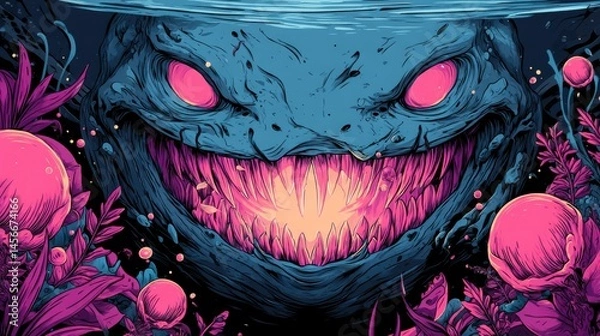 Obraz Grotesque deep sea monster with glowing mouth and eyes, surrounded by vibrant underwater plants, sharp teeth exposed in a menacing smile, fantasy horror illustration.