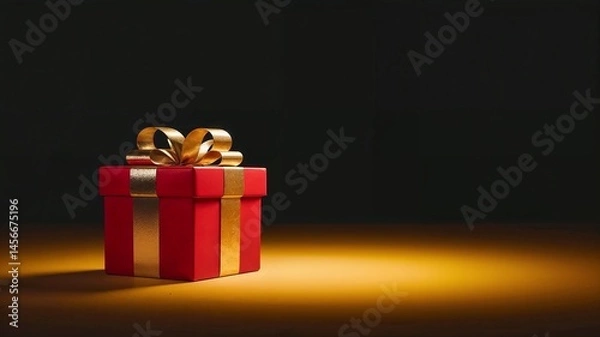 Fototapeta Red gift box with gold satin bow on dark background, illuminated in a circle of light