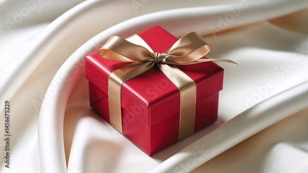 Fototapeta Red gift box with a shiny gold ribbon, placed on a clean white background, simple and elegant presentation