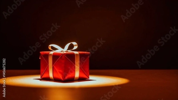 Fototapeta Red gift box with gold satin bow on dark background, illuminated in a circle of light