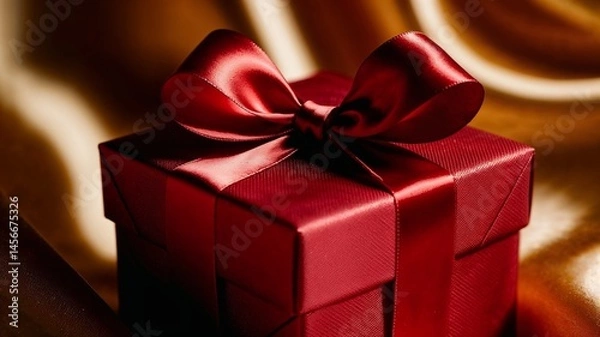 Fototapeta Close-up of a red gift box with satin bow, festive and luxurious look, soft shadows, studio lighting